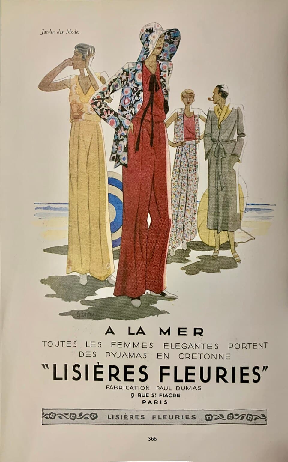 Advertisement for pyjamas in Lisières Fleuries fabric, from Jardin des Modes, 1930 — 2023-10-01 15:35:01 , Unknown