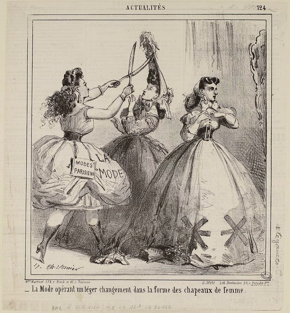 124 Actualités La Mode opérant un léger changement dans la forme des chapeaux de femme. G.35857 — 2023-08-09 18:19:44 , Vernier, Charles (23–04–1813 - 02–08–1892), dessinateur-lith